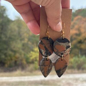 Handmade dangle marbles neutral polymer clay earrings brown black gold statement